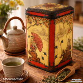 Caja de té vintage Niemeyer – decoración oriental en relieve (1959)