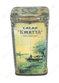 Lata de cacao rectangular 'Kwatta's Olanda Cacao', 1900-1925 para 1 kg de cacao KWATTA con cuadro de azulejos azules de Delft