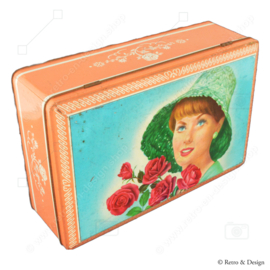 Medium-sized vintage toffee tin from Lonka with a nostalgic image of a woman with roses