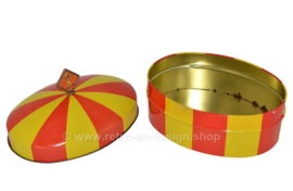 Boîte à biscuits vintage de forme ovale en rouge et jaune, en forme de chapiteau de cirque fabriqué par Bolletje