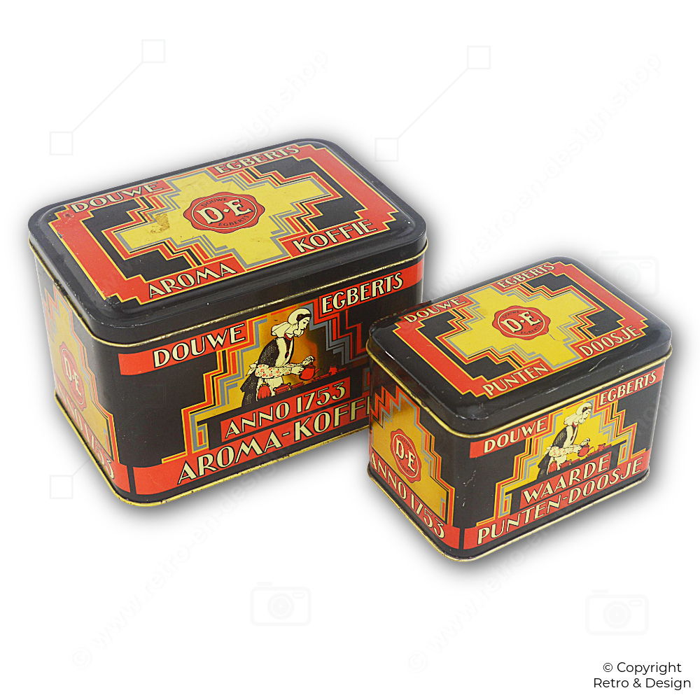 Lata de café Aroma y caja de puntos Douwe Egberts vintage – Diseño Art Déco (1989)