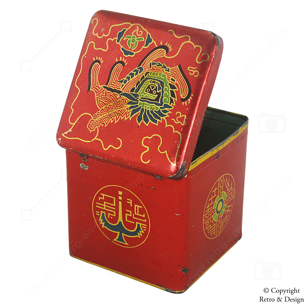 Vintage Van Nelle Teedose – Lotus-Tee-Würfel mit orientalischem Löwendesign (1950–1980)