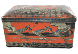 Large rectangular vintage tin by Van Melle  decorated with flamingos and cranes