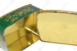 Vintage grüne Blechdose mit Golddekorationen und Rosen auf dem Deckel, container made in Germany