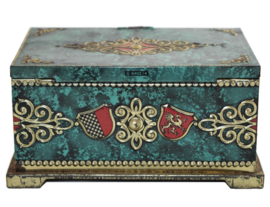 Vintage green tin box with coats of arms and closure