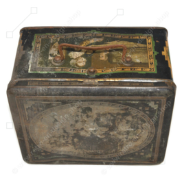 Antique rectangular tin with handle and images of musicians