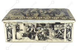 Lata de cigarros vintage rectangular de metal con antiguos maestros en relieve