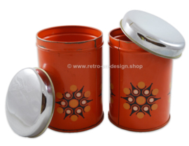 Satz von zwei orange Vintage Brabantia Blechdosen für Tee und Zucker, Sternchenmuster