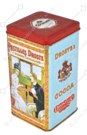 Square vintage tin by Droste for chocolate pastilles with images of train compartment and flamingos