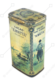 Lata de cacao rectangular 'Kwatta's Olanda Cacao', 1900-1925 para 1 kg de cacao KWATTA con cuadro de azulejos azules de Delft