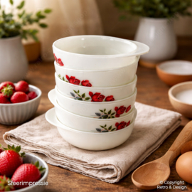Vintage JAJ Milk Glass Dessert Bowls – Set of 6 – Red Rose Design – 1960s/70s