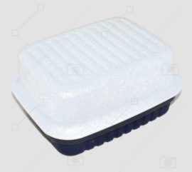 Vintage Tupperware "Cracker Server" con divisor, en azul oscuro y blanco con motas