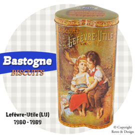 Encantadora Lata Vintage de Galletas Bastogne con Ilustraciones Nostálgicas de Lefèvre-Utile (LU) (1980-1989)