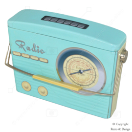 "Relive the Nostalgia: Vintage Retro Radio Candy Tin in Blue and Light Yellow!"