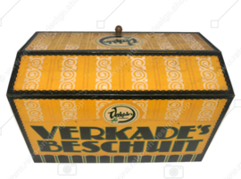 Large yellow vintage shop or counter tin for "VERKADE'S BESCHUIT"