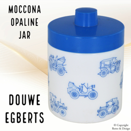 "Vintage  opaline Mokka voorraadpotje, blauw met afbeeldingen van oldtimers"