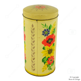 Zylindrische Gelbe Vintage Rusk-Dose von Verkade mit Buntblumen: Ein Historisches Sammlerstück (1950-1980)