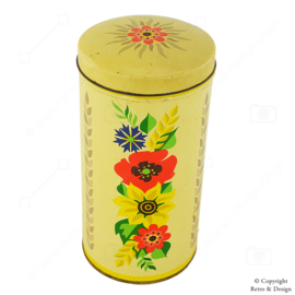 Zylindrische Gelbe Vintage Rusk-Dose von Verkade mit Buntblumen: Ein Historisches Sammlerstück (1950-1980)