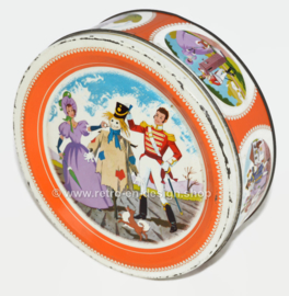 Round vintage Mackintosh's Quality Street candy tin, scarecrow
