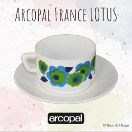 Arcopal Lotus soup bowl in blue/green floral pattern + saucer