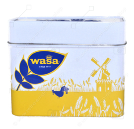 Vintage tin in yellow, white and blue made by Wasa for storing crackers