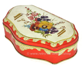 Lata de té vintage roja festoneada de DE GRUYTER con decoración floral