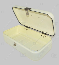 Brocante enamel bread bin in cream white with handle and clip closure