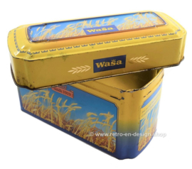 Yellow / blue tin box for Wasa Crackers with an image of ripe grain