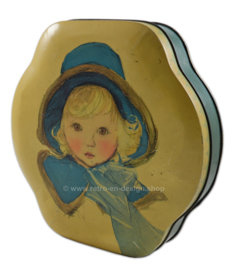 Brocante tin drum by Côte d'Or, blond girl with blue hat