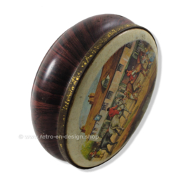 Round vintage tin drum with horses, wood imitation