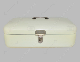 Brocante enamel bread bin in cream white with handle and clip closure