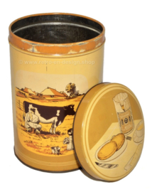 Vintage tin canister for rusk by Fa vd Meulen & Zn with farmland scenes