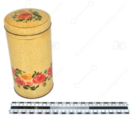 Cream-yellow vintage rusk tin with flowers and crackle motif made by VERKADE