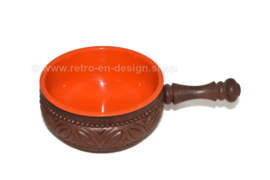 Vintage snack bowls made by Emsa in plastic orange and a wooden look with large bowl and three smaller bowls with handle