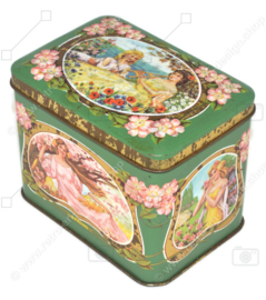 Vintage chocolate tin with images of four seasons and nostalgic ladies