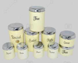 TEN vintage tin canisters for rusks, coffee, tea, sugar cocoa and spices manufactured by Brabantia ca. 1955-1965