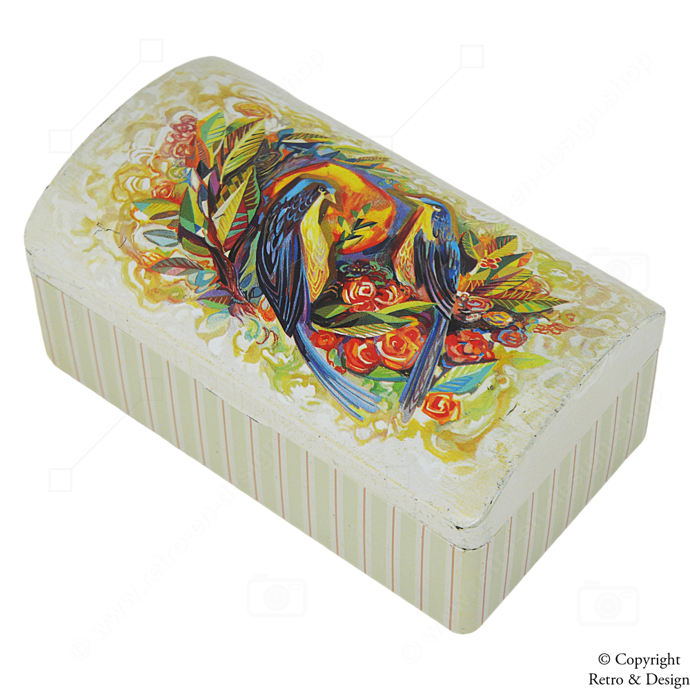 Antique Douwe Egberts Biscuit Tin from the 1960s with Colorful Birds and Flowers Design
