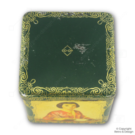 Vintage grüne Co-op-Teedose in Würfelform mit goldenen Verzierungen (1930–1950)