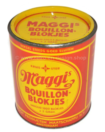 Lata vintage cilíndrica rojo-amarillo "Cubitos de caldo de Maggi"