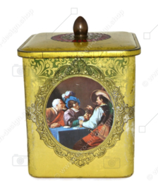 Square tin drum with a gold-coloured knob with an image of paintings by Dutch masters