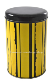 Runde Vintage Blechdose von Tomado. Gelb mit schwarzen Streifen