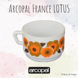 Arcopal Lotus soup bowl in orange/brown floral pattern