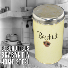 Vintage weiße Brabantia Keksdose mit schwarzen Zierbuchstaben