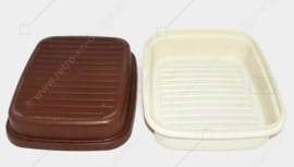 Caja grande de pan Tupperware vintage o caja de panadería marrón oscuro con tapa blanca crema 'Bread Stor N Serve'