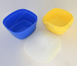 Brightly coloured vintage Tupperware Multi-Server in blue, yellow and white