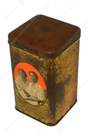 Vintage gold-coloured rectangular standing sugar canister with Juliana and Wilhelmina of the Netherlands