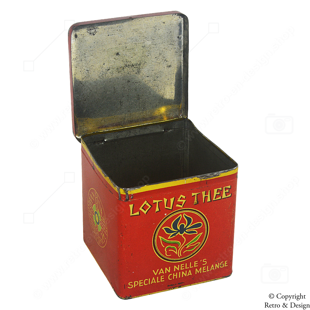 Vintage Van Nelle Teedose – Lotus-Tee-Würfel mit orientalischem Löwendesign (1950–1980)