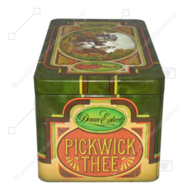 Vintage blikken trommel voor Pickwick thee van Douwe Egberts met afbeelding van koets of rijtuig met paarden en herberg