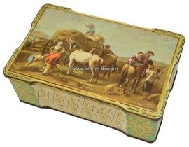 Vintage Blechdose mit Bauern, Heu und Pferden Szene, Klappdeckel
