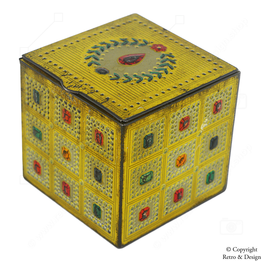 Baret Ware Schmuckkästchen aus Blech in Würfelform mit bunten Edelsteinmotiven